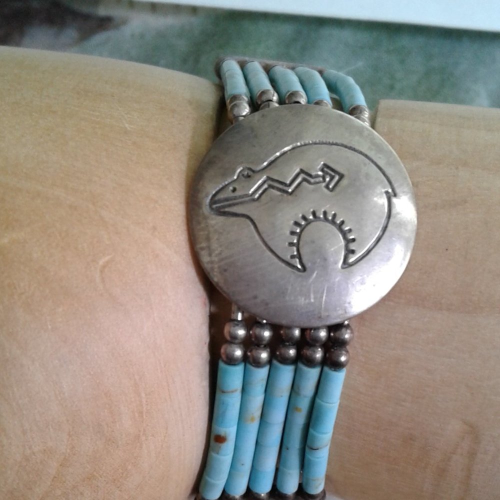 Vintage Native American look Bear symbol and Turquoise bracelet stamped sterling